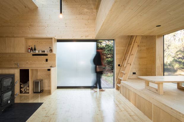 Compact timber-lined open-plan cabin interior with a built-in kitchenette and fireplace on the left, a frosted-glass entry door at center, and raised built-in seating or sleeping platforms with a simple timber table on the right. Pale timber floors, walls, ceiling, and joinery create a warm, minimalist atmosphere. A ladder leads to an upper sleeping area, and large glazing provides views to surrounding trees.