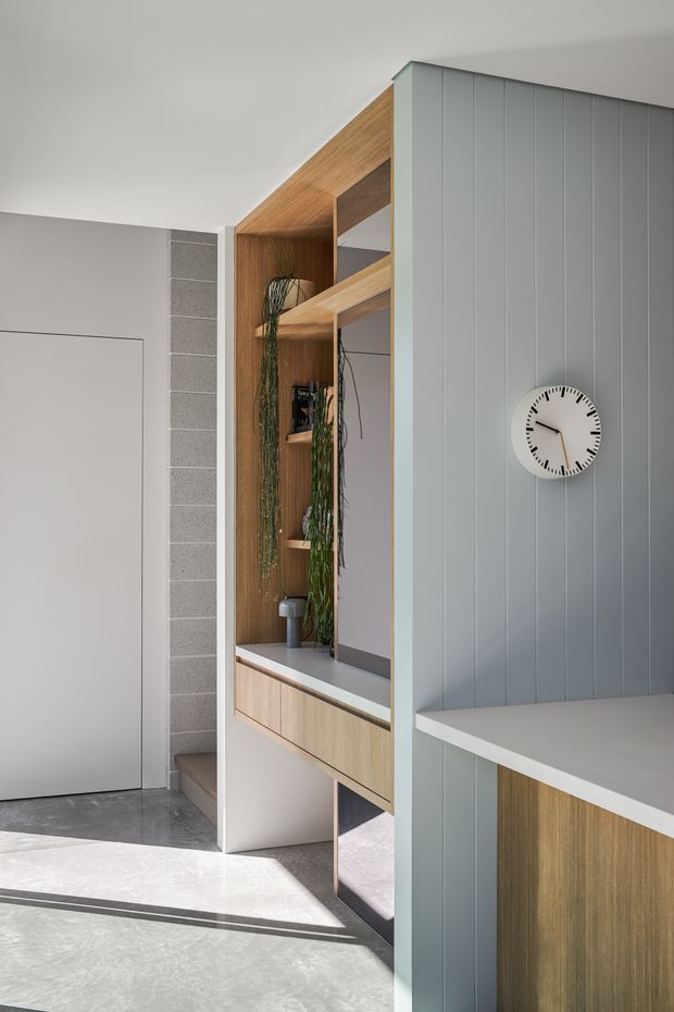 A refined contemporary interior showing a built-in timber display and storage niche beside pale blue-grey vertical wall panelling. The joinery includes open shelves, a lower drawer unit, integrated planting, and a light benchtop extending into the foreground. A minimalist round wall clock, grey concrete block detail, polished concrete floor, and strong natural sunlight complete the composition.