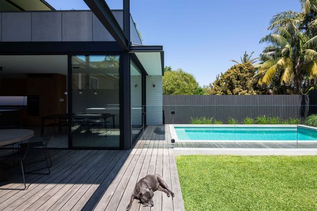 Contemporary residential exterior showing a glass-walled living area opening onto a timber deck and rectangular swimming pool. The home has dark metal framing, horizontal cladding, a flat roofline, and a landscaped lawn with tropical palms beyond the boundary fence.