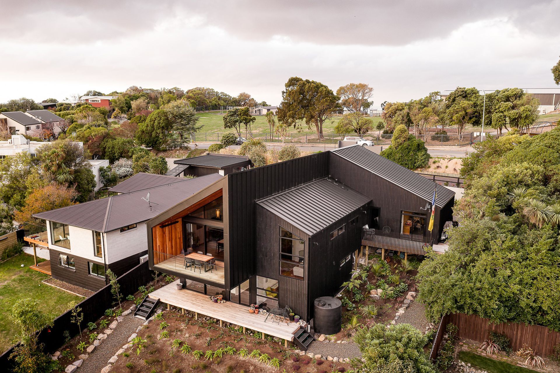 A series of gradated forms was created to break up the overall mass of the house and to accentuate the ridge line of the roof.