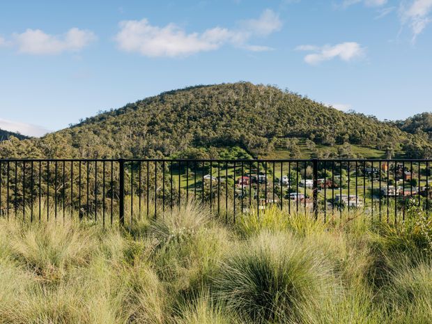 A landscaped outdoor terrace or balcony overlooks a lush, densely vegetated hill and a small settlement in the valley beyond. The foreground features native-looking tussock grasses and spiky ornamental planting, bordered by a simple black vertical metal balustrade. The scene is photographed in bright natural daylight beneath a blue sky, with a strong connection to the surrounding bush landscape.