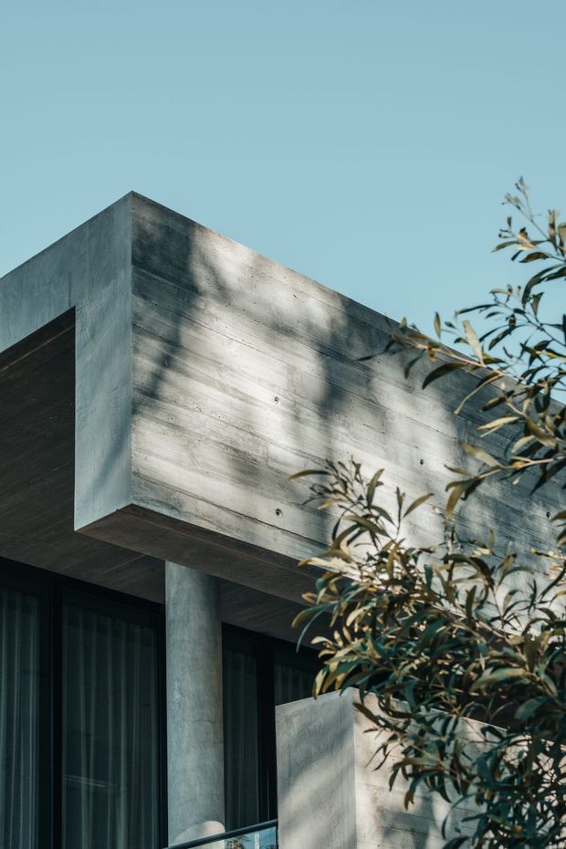 Close-up exterior view of a stark modern concrete building, showing a projecting rectangular upper volume, exposed concrete surfaces, a cylindrical concrete column, dark floor-to-ceiling glazing, and dense leafy planting in the foreground against a clear blue sky.