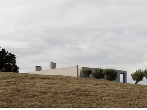 A low, minimalist flat-roofed building partially embedded into a gently sloping grassy site. The restrained facade is composed of smooth pale rendered walls with projecting rectangular chimney-like volumes, deep recesses, and a dark-framed opening at the right. Sparse sculptural trees flank the structure under an overcast sky.