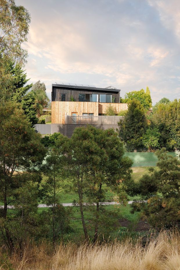 Exterior view of a contemporary multi-level house set within dense landscaped greenery. The building has a dark upper volume with broad glazing, a warm vertical timber-clad middle level, a grey lower level, and a shallow low-pitched roof with apparent solar panels. The property is viewed from a leafy park-like setting, with mature trees and ornamental grasses in the foreground.