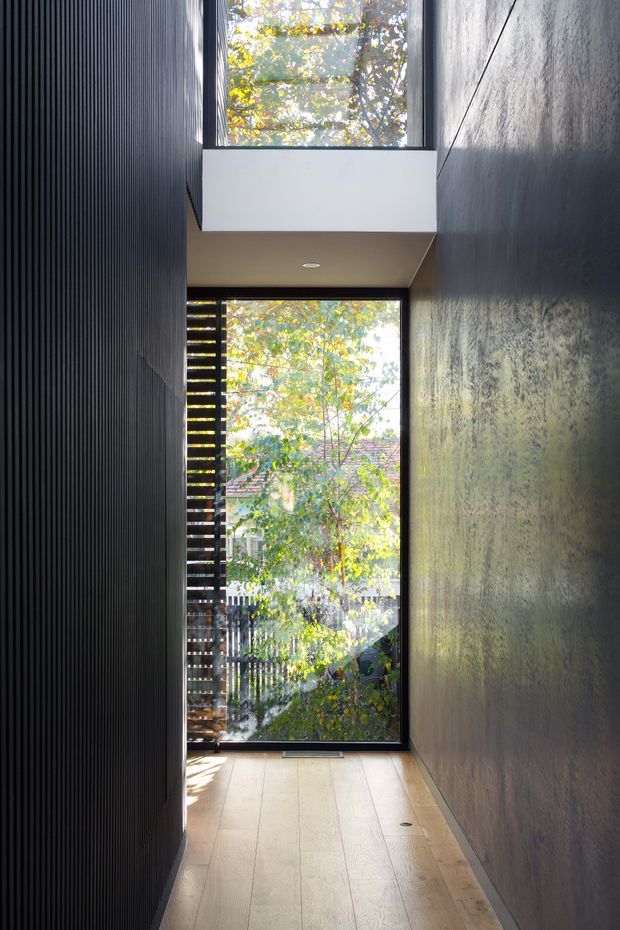 A narrow, vertically oriented interior passage with full-height glazing at the far end and a high clerestory window above. The corridor features warm light timber flooring, a dark vertically ribbed wall on the left, a textured dark grey wall on the right, and a simple white ceiling soffit with recessed lighting. Sunlit trees and neighbouring structures are visible through the glazing, creating a strong indoor–outdoor connection.