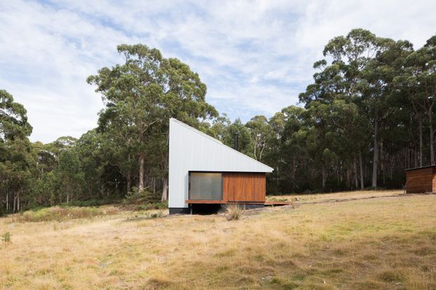 A compact contemporary cabin set in a dry grassy clearing surrounded by dense eucalyptus woodland. The small rectangular building has a sharply sloping single-pitch roof, vertically ribbed light metal cladding, warm timber wall cladding, a large dark-framed window, and appears slightly elevated above the ground. A second small timber-clad structure is partially visible at the right edge.
