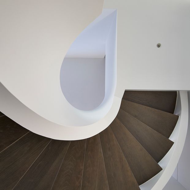 A dramatic overhead view looking down a sculptural curved staircase. Broad dark timber treads fan around a central white curving balustrade and void, creating a striking spiral form. The surrounding walls and stair structure are smooth white, with minimal detailing and a small wall light visible above.