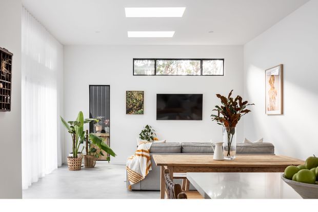 Bright contemporary open-plan living and dining area with white walls, polished light flooring, sheer full-height curtains, a timber dining table, neutral sectional sofa, indoor plants, wall-mounted television and high horizontal clerestory windows. The space has a clean, airy feel with strong natural light and recessed ceiling lighting.