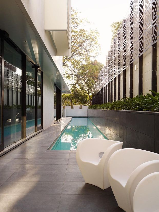 A narrow contemporary courtyard beside a glazed building, featuring a long rectangular swimming pool, grey tiled paving, sculptural white outdoor lounge chairs, raised planting, and a tall decorative patterned screen wall. The space is bright and refined, with strong linear architectural geometry and mature trees visible beyond.