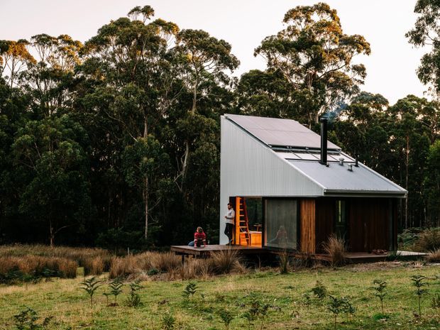 A compact contemporary cabin set within dense eucalyptus woodland. The building has a sharply pitched asymmetrical metal roof, corrugated light-grey metal cladding, dark timber wall sections, large glazed openings, and a small timber deck. Native grasses and forest surround the isolated dwelling.