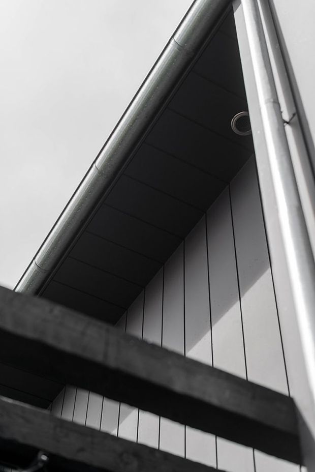 Upward-looking close-up of a steep gable roof edge and exterior wall. The facade is clad in narrow vertical dark panels, with a dark soffit, metal guttering, and a circular recessed exterior light. A dark timber or metal railing crosses the foreground. The image is monochromatic and strongly geometric, emphasizing the roofline and cladding details.
