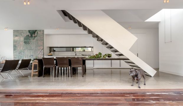 Bright, open-plan contemporary interior viewed from an adjoining timber deck, featuring a minimalist white kitchen with island and integrated cabinetry, dining area, polished concrete floor, and a sculptural staircase with dark exposed treads. Large artwork, plants, dining furniture, and a dog add lived-in character.