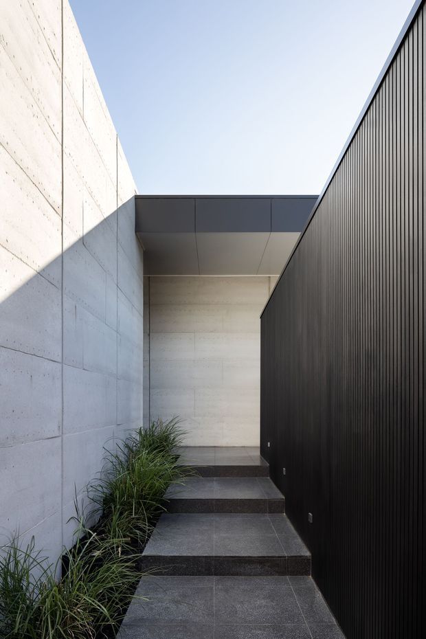 A minimalist architectural entry passage with dark tiled steps rising between a pale board-formed concrete wall and a tall black vertically ribbed metal-clad wall. Sparse ornamental grasses line the left edge, while a flat projecting canopy frames the bright open sky above.