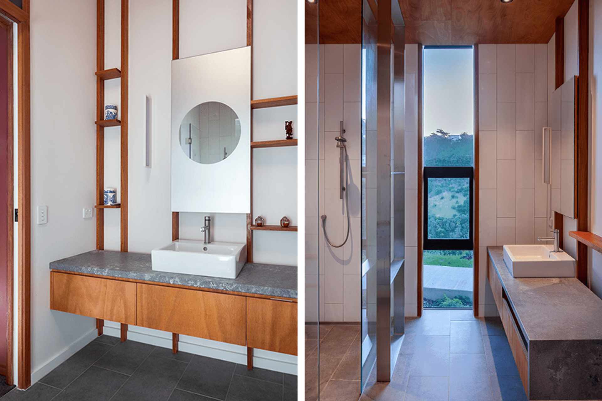 In accordance with the homeowners' love of Asian art and style, the bathrooms exhibit a very modern Japanese aesthetic, featuring wood and stone with a neutral backdrop and ample natural light.
