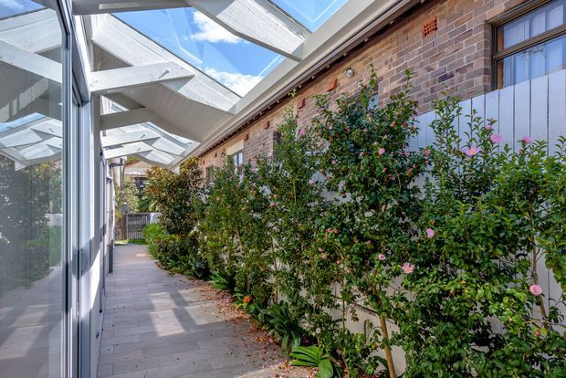 A bright enclosed outdoor walkway runs alongside a red-brown brick building. The corridor has large reflective glazed panels on one side, a series of white angular overhead skylight or canopy structures, and a paved stone floor. Dense flowering shrubs line the opposite wall beneath tall windows, creating a leafy courtyard-like passage.