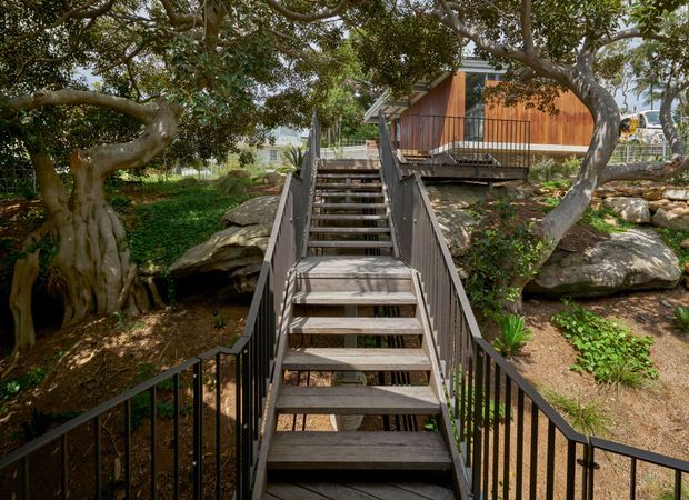 Exterior view of a raised timber-clad structure approached by a straight flight of open-riser stairs with dark metal balustrades. The building sits among mature trees, exposed natural rock, and landscaped planting on a sloping site. A timber deck and upper-level glazing are visible behind the stairs.