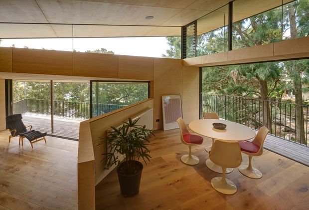 A bright, open-plan modern dining and living area with extensive floor-to-ceiling glazing opening onto a balcony or deck. The room features warm timber flooring, timber wall and ceiling panels, a sculptural oval dining table with contemporary pedestal chairs, built-in timber screening, and a lounge area with a low chair. The glazed corners and surrounding trees create a strong connection to the outdoors.