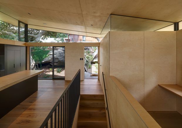Warm contemporary timber-lined interior with a compact kitchen and island at left, a central stair descending to a lower level, and light plywood-clad walls and built-in cabinetry. Black metal balustrades and dark joinery contrast with the timber surfaces. Full-height glazing and open views connect the space to dense greenery and rocky terrain outside.