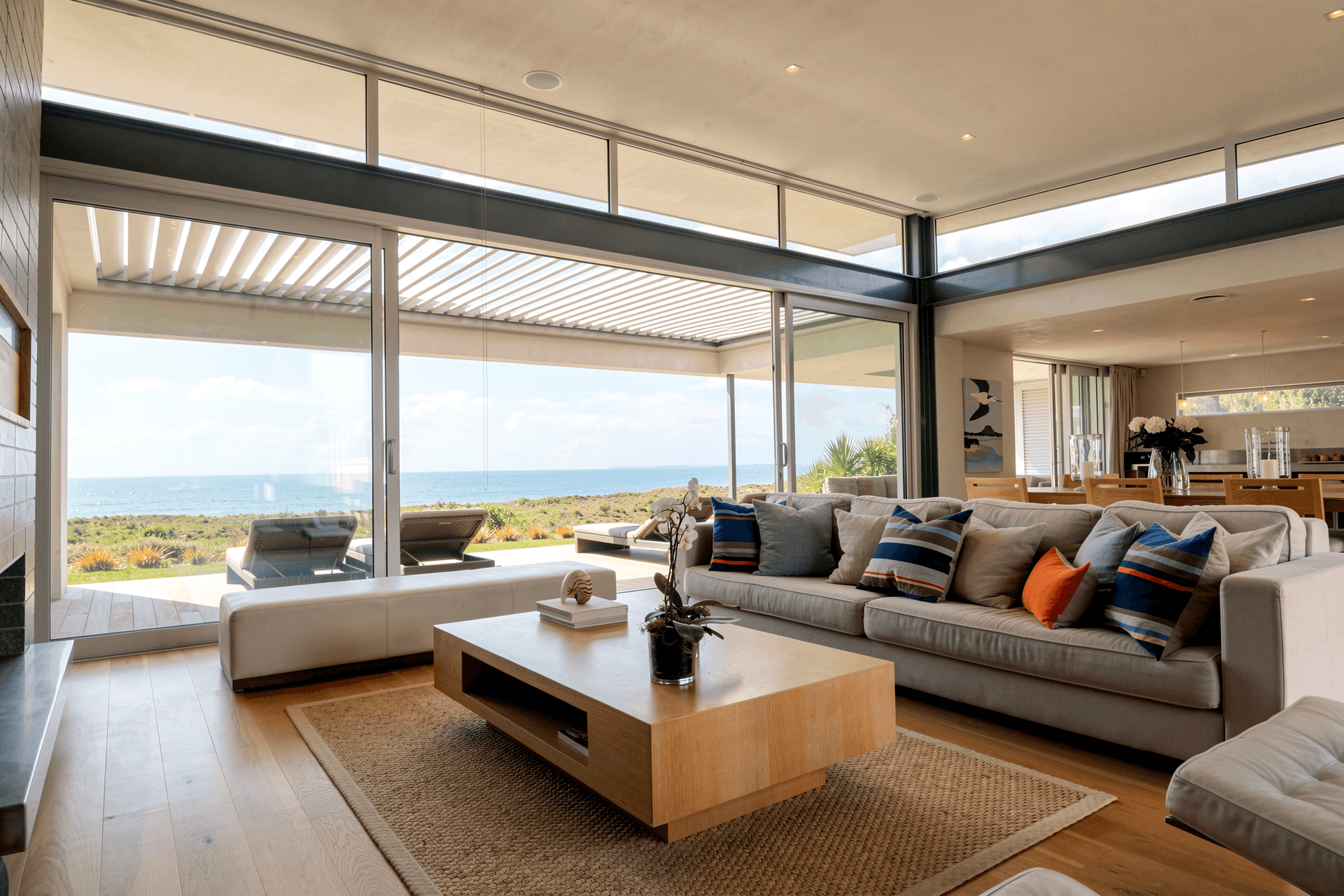 Standing in the living room, the open-plan interior unfolds towards the dining area and kitchen beyond. Large sliding doors connect the living spaces to the covered deck, allowing ocean views and natural light to become part of everyday life.