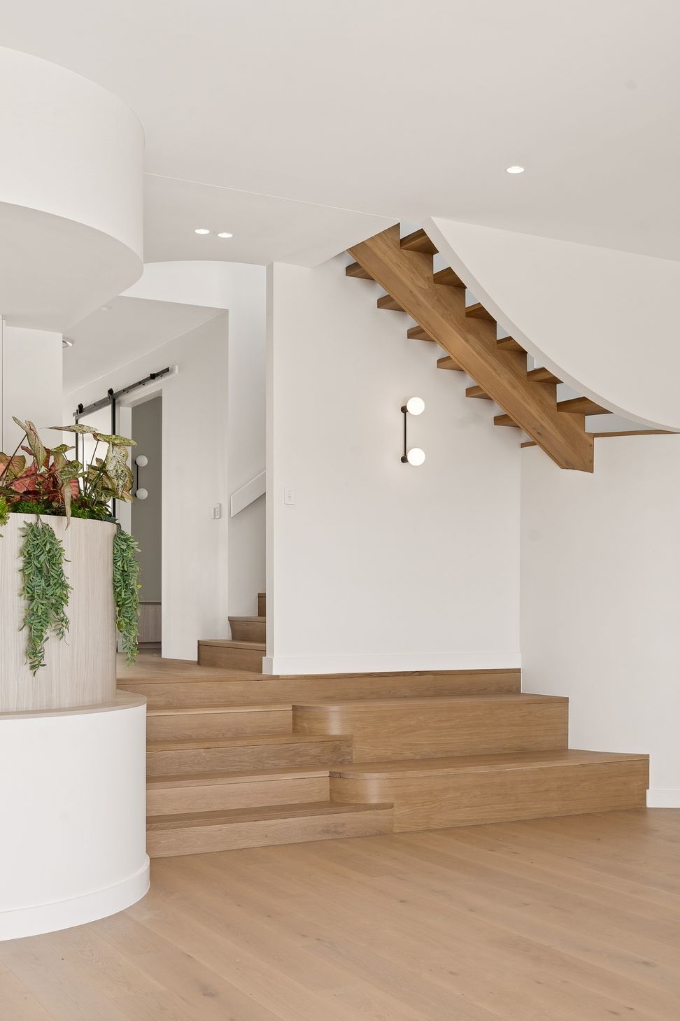 A skylight washes the curved stair, greenery softening the stone-edged planter beside it.