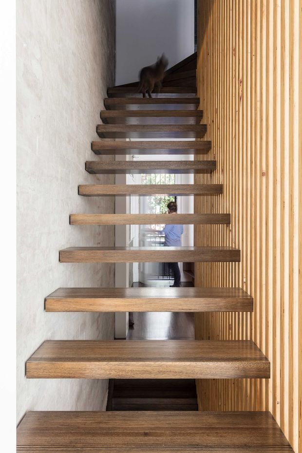 A contemporary interior stairway with floating timber treads spanning a narrow vertical circulation space. The stairs are paired with a full-height vertical timber slat screen on the right and a light textured plaster wall on the left. A hallway and person are visible beyond the open stair structure, with a cat on the upper steps. The design emphasizes warm wood, strong linear rhythm, and open risers.