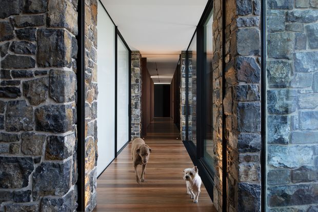 A long, narrow interior hallway with exposed rough stone masonry walls, dark-framed full-height glazing or panels, a smooth white ceiling, and warm timber flooring. Two dogs are visible in the corridor. The space has a dramatic, refined contemporary feel created by the contrast between heavy stone walls and sleek black-framed glazing.