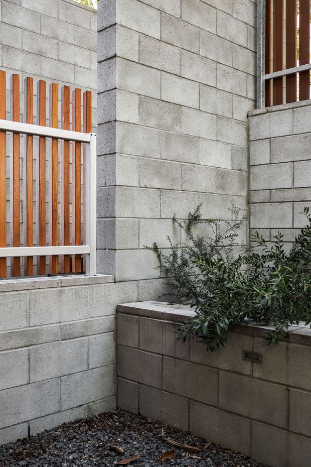 A compact enclosed courtyard beside a building, featuring exposed grey concrete block walls, a raised concrete-block planter with dense green shrubs, dark gravel ground cover, and a timber-and-metal slatted gate. Timber-framed glazing is visible at the upper right. The composition emphasizes robust masonry and a restrained contemporary landscape treatment.