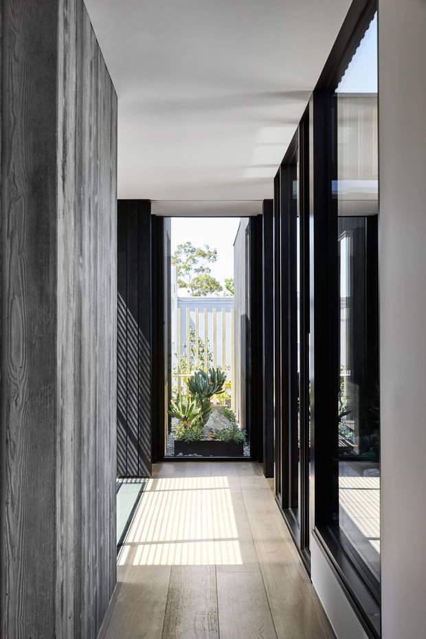 A narrow, sunlit interior hallway with pale timber-look floor tiles, a textured grey vertical feature wall on the left, and extensive black-framed glazing along the right side. The glazing reflects the corridor and opens visually toward a small planted courtyard at the far end, where strong linear shadows from exterior screening fall across the floor. The space has a restrained contemporary architectural character with clean lines and a neutral palette.