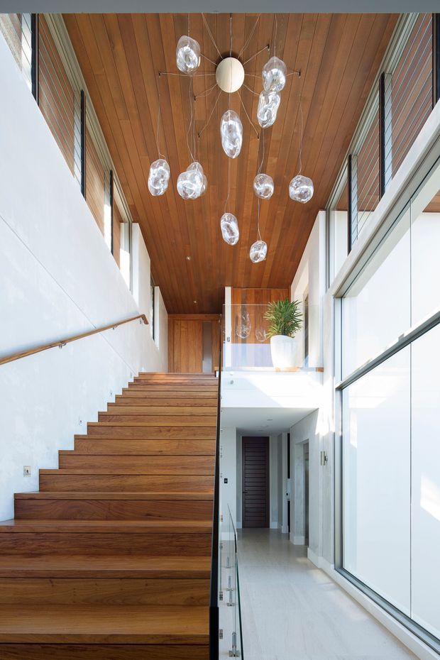 A bright contemporary interior showing a broad timber staircase ascending beside a double-height glazed void. The space features a warm timber-lined ceiling, white walls, expansive floor-to-ceiling windows, glass balustrading, and a cluster of suspended sculptural pendant lights. A corridor and internal doorway are visible below the stair landing, with a potted plant adding greenery.
