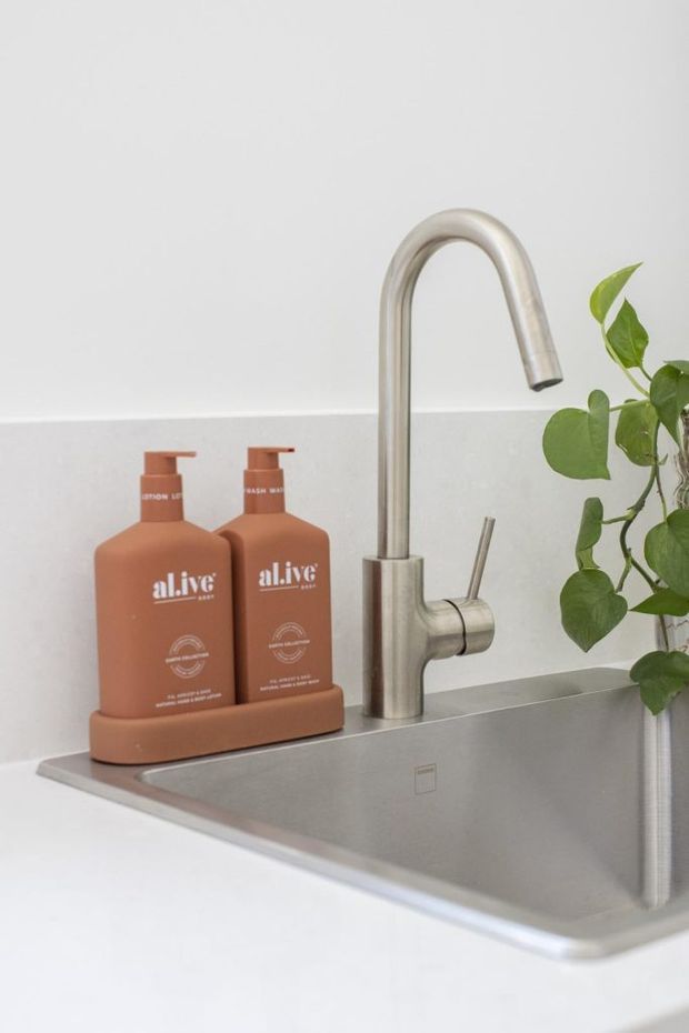 Close-up of a contemporary kitchen sink area featuring a brushed stainless-steel undermount sink and tall gooseneck mixer tap. Terracotta soap dispensers sit on the rear ledge, with a leafy indoor plant to the right. The setting has a clean, minimal, neutral-toned aesthetic.