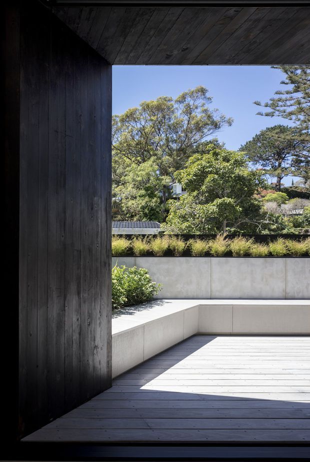 A dark timber-clad architectural opening frames a bright outdoor courtyard terrace. The space features a pale timber deck, built-in L-shaped concrete seating, a raised concrete planter with grasses and shrubs, and mature trees beyond. Strong sunlight contrasts with the shaded charcoal timber structure, creating a calm, contemporary indoor-outdoor setting.