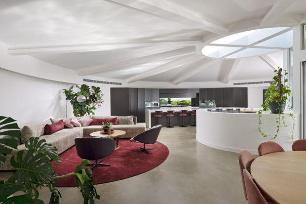 Open-plan contemporary living, dining and kitchen area with a sculptural white articulated ceiling, large oval skylight, dark kitchen cabinetry, curved white island, polished concrete floor, and a rounded lounge arrangement on a deep red circular rug. Indoor plants and warm upholstered seating add softness to the bright, refined space.