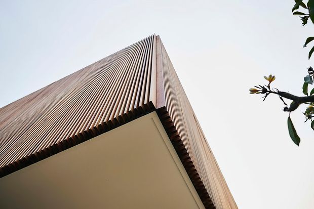 Low-angle architectural detail of a sharply projecting building corner. Vertical timber-toned fins or battens form a highly textured facade, converging toward the roofline, while a smooth pale soffit projects beneath the overhang. Sparse foliage appears at the edge against a bright sky.