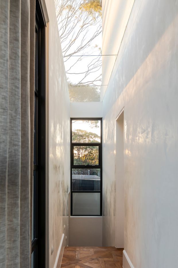 A narrow, bright interior passage with white plaster walls, a dark-framed vertical window at the end, and a glazed ceiling opening that brings in daylight and views of tree branches. Timber parquet flooring and black-framed glazing provide contrast, while soft sunlight creates a calm, airy atmosphere.