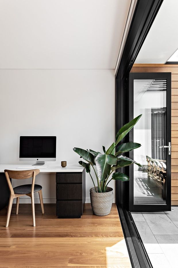 A bright, compact home office positioned beside large black-framed glazed doors. The room features a white built-in desk, black wood storage drawers, a timber chair, computer monitor, warm timber flooring, and a large potted tropical plant. The glazing opens toward a tiled adjoining area and brings in strong natural light.