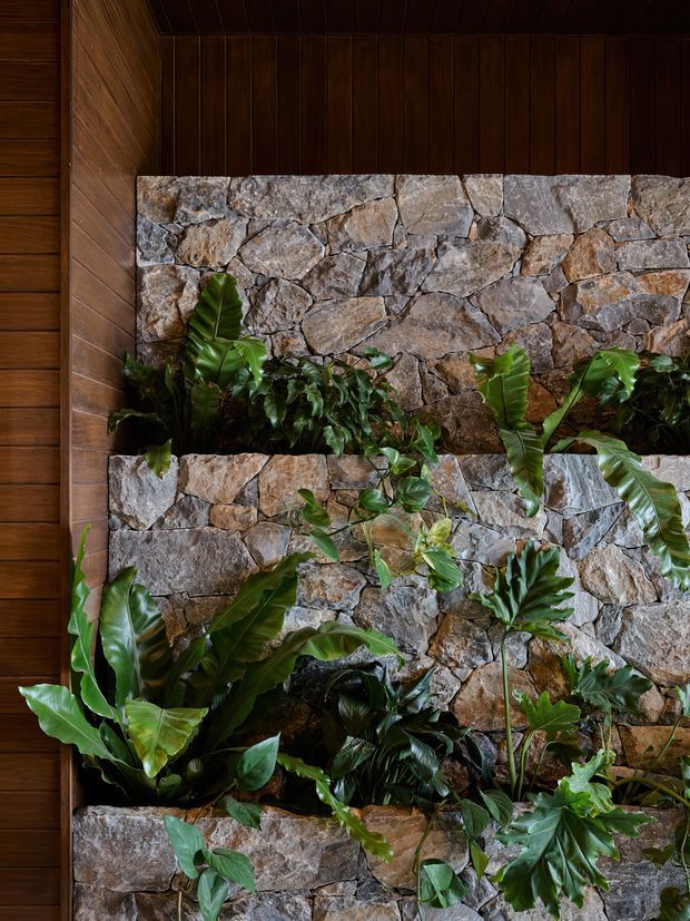 A close-up view of a lush vertical garden integrated into a rustic stone feature wall. Irregular natural stone courses form multiple planted tiers, surrounded by dark vertical timber wall panelling and ceiling, creating a warm, earthy, biophilic architectural detail.