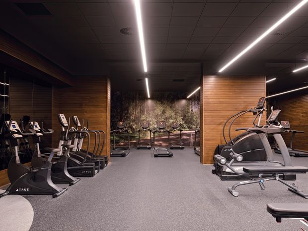 A dark, modern commercial fitness room equipped with rows of cardio machines, including treadmills, ellipticals, and exercise bikes. The space features grey carpet flooring, warm horizontal timber wall panelling, black reflective surfaces, a suspended grid ceiling, and long linear LED lights. A large mural or scenic graphic appears at the rear of the gym.