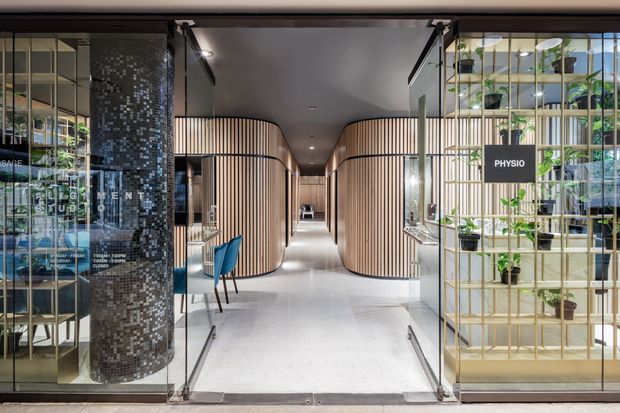 A contemporary commercial interior viewed through open glass doors, showing a bright central corridor flanked by rounded consultation or treatment rooms clad in vertical timber slats. A dark mosaic-tiled cylindrical column anchors the left side, while gold-toned metal shelving with potted plants screens a physiotherapy area on the right. Glazed partitions, white polished flooring, recessed lighting, and curved forms create a refined healthcare or wellness environment.