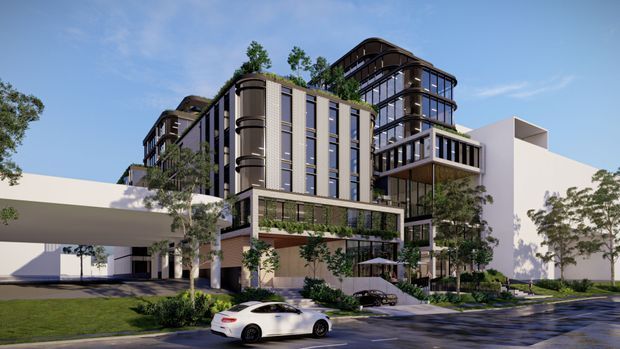 Rendered exterior view of a contemporary multi-storey building with rounded glazed corners, dark vertical facade elements, planted terraces, extensive glazing, and a large projecting canopy. Landscaped planting, a driveway or street edge, and a white car are visible in the foreground.