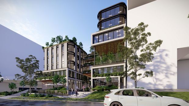 Architectural exterior rendering of a contemporary multi-storey mixed-use or commercial building complex. The design features stacked glass-fronted volumes, dark metal framing, rounded corner glazing, landscaped terraces with trees and greenery, and a pedestrian entry at street level. A white car is visible in the foreground.