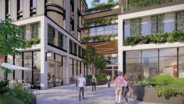 Architectural visualization of a contemporary multi-storey mixed-use development arranged around a landscaped pedestrian courtyard. The scheme features white masonry façades, extensive black-framed glazing, curved corner volumes, projecting planted terraces, vertical greenery, raised planters, mature courtyard trees, and outdoor seating with umbrellas. People provide scale along the paved public realm, while retail or commercial interiors are visible at ground level.