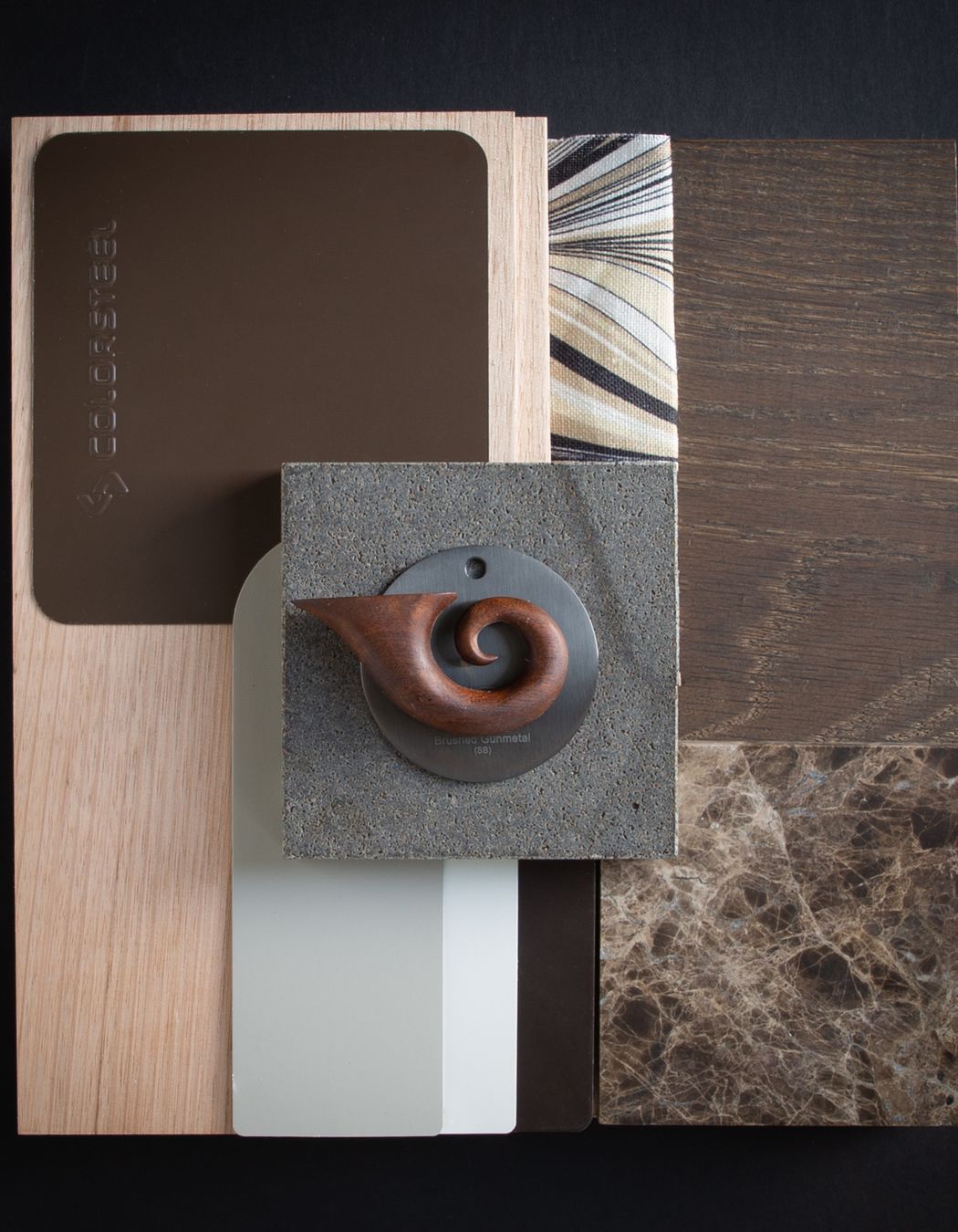 Colour: Lignite reminds us of the fantails white, dark and light brown feathers, and the way in the built world that we often see this in the seasonal growth rings of timber. This palette is for the hand-made house, the deep brown of Lignite works well when layered with brown stone, a range of different hand carved timbers, and cream accents.