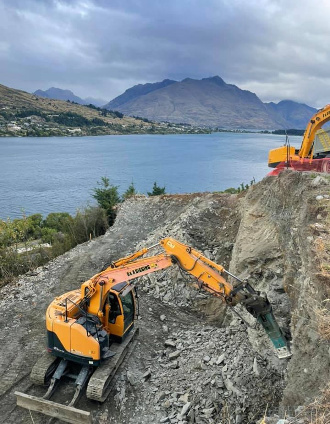 A huge amount of work underway on the initial digout of the site.  The stunning views make it all worthwhile!