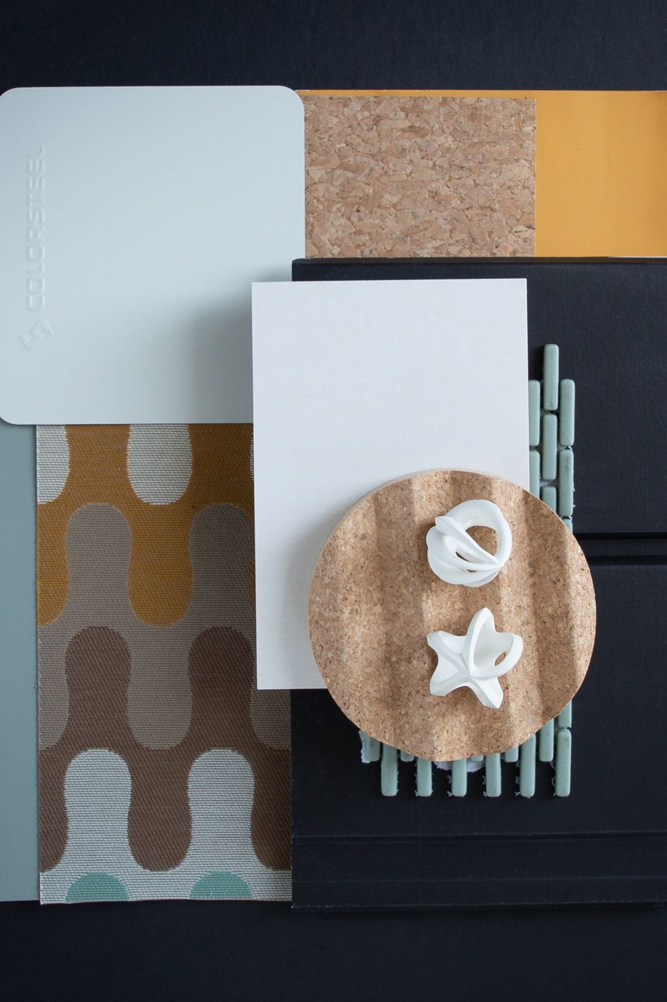 Colour: Titania is a clean white that reminds us of manuka flowers, orchard blossoms, or a mountain daisy in the tussock. In this palette we have combined the warmth of orange and yellows, natural cork, sage accents and inky paint finished Abodo weatherboards. The abundance and celebration of spring.
