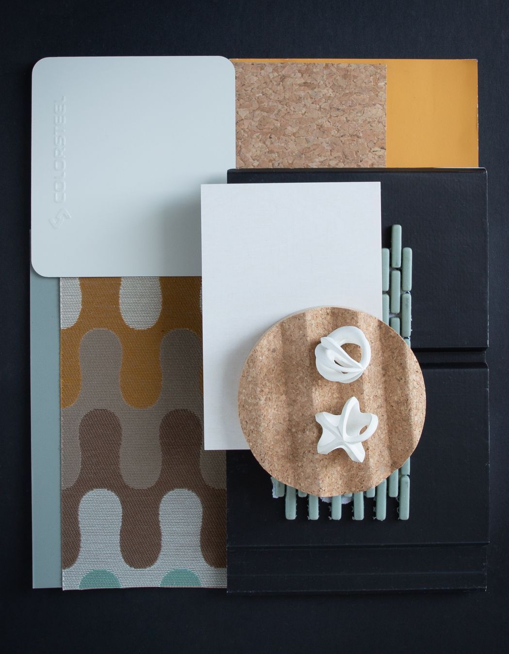 Colour: Titania is a clean white that reminds us of manuka flowers, orchard blossoms, or a mountain daisy in the tussock. In this palette we have combined the warmth of orange and yellows, natural cork, sage accents and inky paint finished Abodo weatherboards. The abundance and celebration of spring.