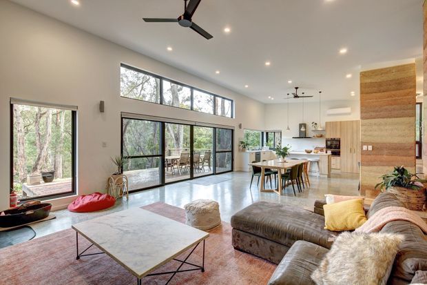 Bright open-plan living, dining and kitchen space with floor-to-ceiling glazing overlooking trees. The room features polished concrete flooring, a large marble-look coffee table, a leather sectional sofa, a timber feature wall, a white kitchen with island, and a dining area. Recessed lighting and ceiling fans contribute to a contemporary, airy interior.