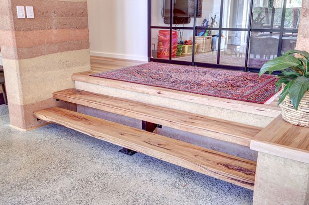 Interior view of a split-level entry or living area with broad timber stair treads and integrated bench-like steps, a polished concrete floor, and a textured rendered masonry wall. A patterned rug sits on the upper landing beside black-framed glazed doors, with a large potted plant adding greenery. The space has warm, natural materials and strong indoor-outdoor visual connection.