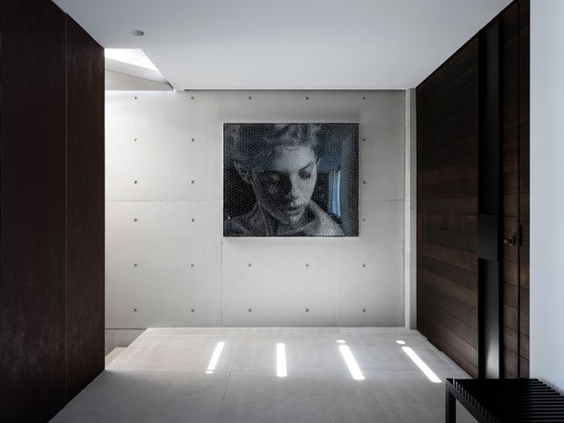 A minimalist interior corridor or gallery-like entry space with pale concrete wall and floor surfaces, dark timber built-in wall panels and cabinetry, and a large monochrome portrait artwork. Narrow linear sunlight patterns fall across the floor, creating a stark, high-contrast composition.