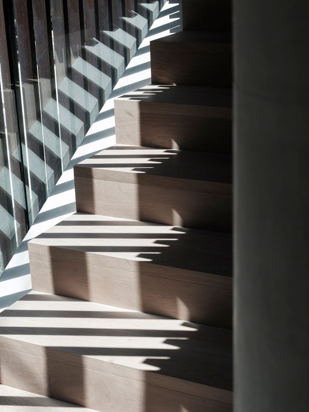 Close-up interior view of a contemporary straight-run staircase with broad timber-clad treads and risers. Strong sunlight streams through tall glazed panels with dark vertical framing, casting dramatic geometric shadows across the stair surfaces. The composition emphasises warm wood, dark framing, crisp lines, and the sculptural rhythm of the stair.