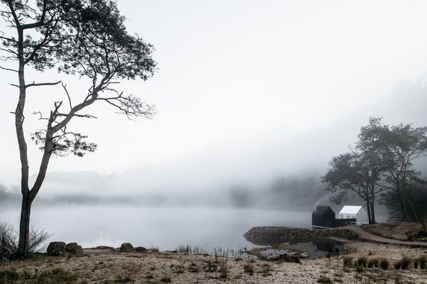 A misty lakeside landscape with a small dark cabin and adjoining light-roofed structure on a rocky shoreline. Sparse grasses, exposed rocks, mature trees, and fog-shrouded water create a quiet, remote setting.